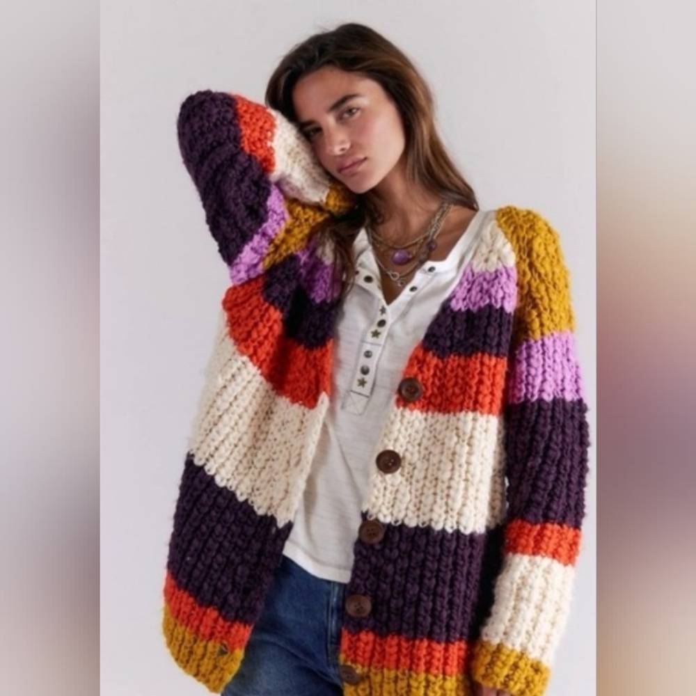 Free People Myles Multicolor Chunky Knit Cardigan,Gorgeous, Oversized Medium,NWT